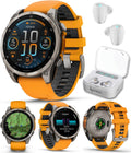 Garmin Fenix 8 – 47 mm, AMOLED Sapphire Multisport GPS Smartwatch,Titanium with Spark Orange/Graphite Silicone Band, Built-in LED Flashlight White Earbuds Bundle