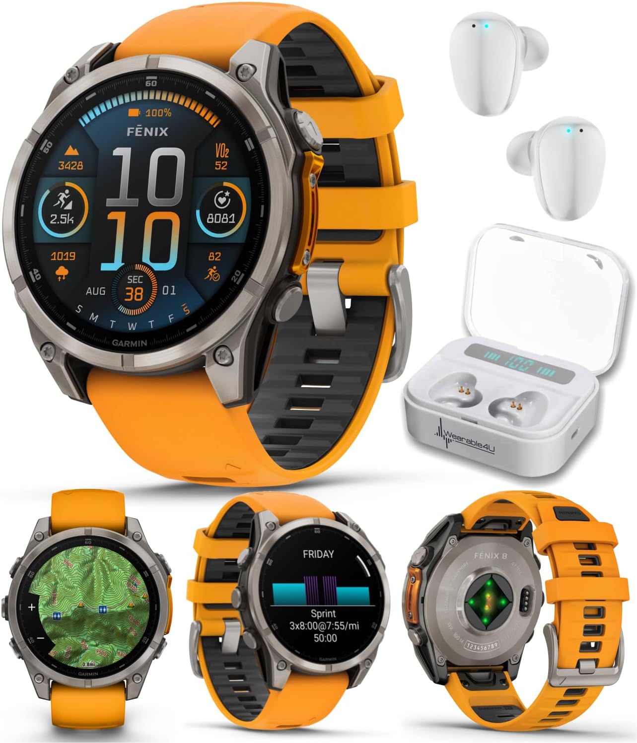 Garmin Fenix 8 – 47 mm, AMOLED Sapphire Multisport GPS Smartwatch,Titanium with Spark Orange/Graphite Silicone Band, Built-in LED Flashlight White Earbuds Bundle