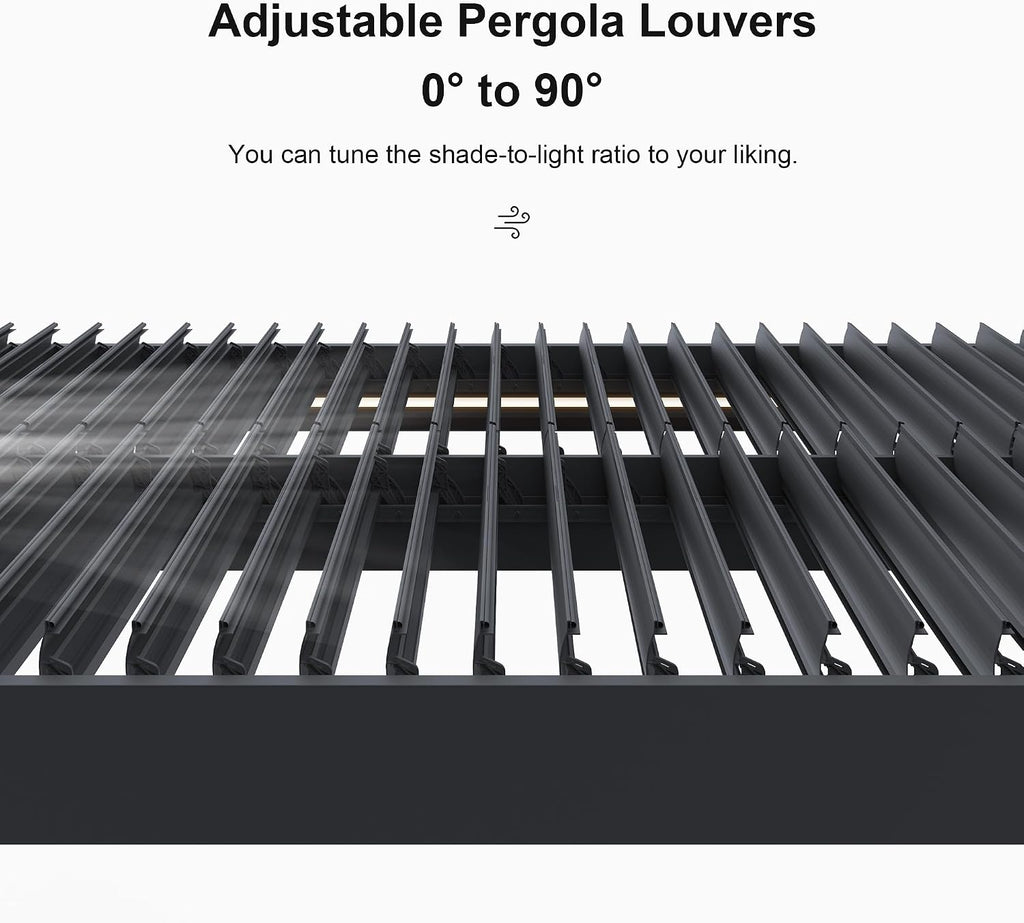 PURPLE LEAF LED Louvered Pergola 94AS 10'x 14' Full Aluminum Frame and Adjustable Roof Integrated Strip Lights for Outdoor Deck Garden Patio Gray Hardtop Gazebo Pergola