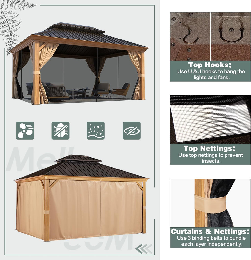 MELLCOM 12' x 14' Hardtop Gazebo, Wooden Finish Coated Aluminum Frame Gazebo with Galvanized Steel Double Roof, Outdoor Permanent Metal Pavilion with Curtains and Nettings for Patio, Lawn & Garden