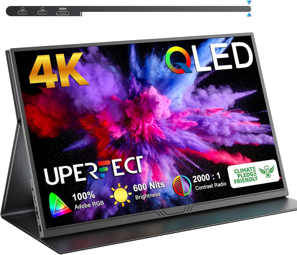 UPERFECT True 4K Portable Monitor QLED, 15.6' 600 Nits Laptop Monitor, 100% AdobeRGB, UHD 3840x2400 USB-C & MINI HDMI w/Smart Case, HDR FreeSync Eye Care, Travel Screen for Computer, PC, Game Consoles