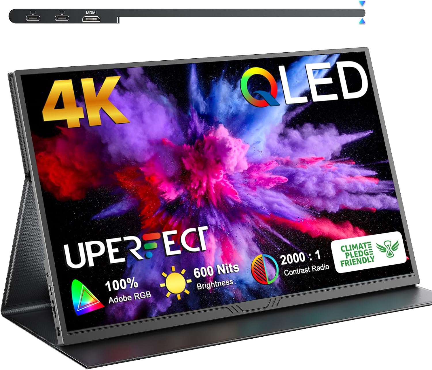 UPERFECT True 4K Portable Monitor QLED, 15.6' 600 Nits Laptop Monitor, 100% AdobeRGB, UHD 3840x2400 USB-C & MINI HDMI w/Smart Case, HDR FreeSync Eye Care, Travel Screen for Computer, PC, Game Consoles