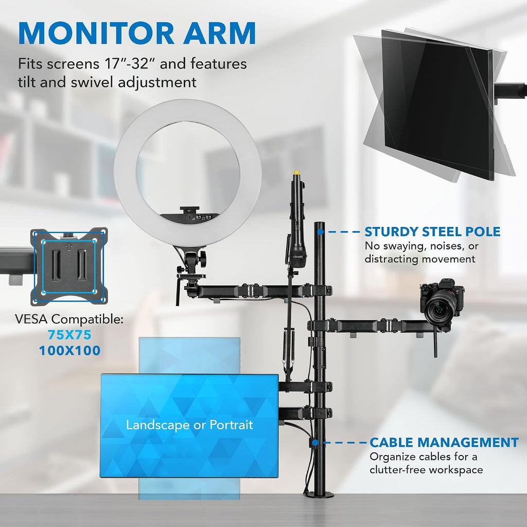 Mount-It! All-in-One Streaming Desk Mount – 4 Arm Setup for Monitor, Camera, Ring Light & Mic – Live Stream Equipment for YouTube, Podcast, Gaming, Zoom – VESA Compatible, Clamp/Grommet Base