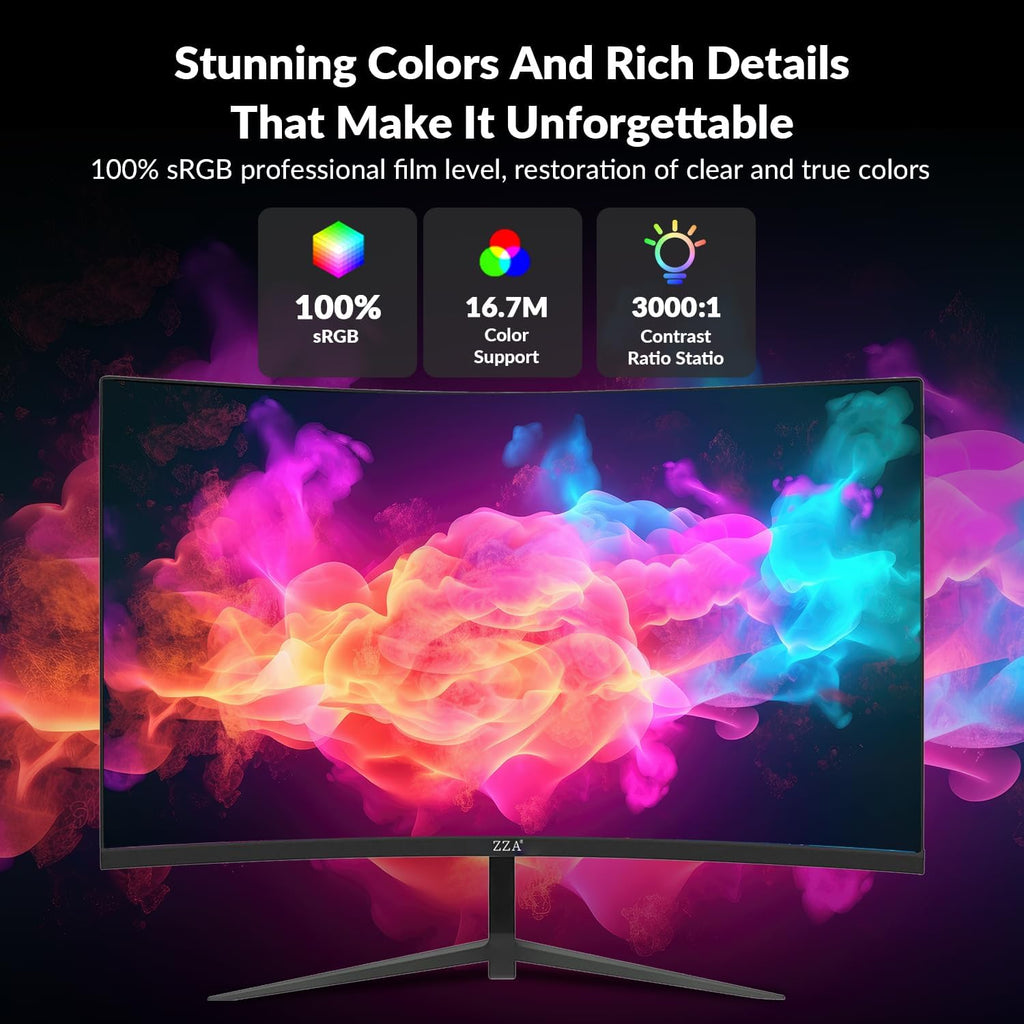 ZZA 27 Inch Gaming Monitor, 180Hz-200Hz Curved Monitor,VA PC Monitor,Full HD 1920x1080/180Hz Refresh Rate, 1ms Response, 100% sRGB, 1080p Resolution,FreeSync,VESA Mountable,DP 1.4 & HDMI 2.0 Ports
