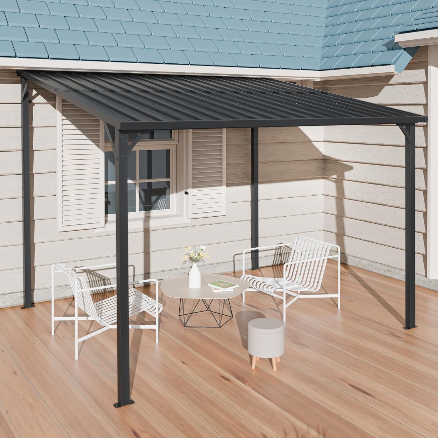 Patio Lean to Gazebo with Galvanized Steel Roof, 8x10 FT Outdoor Metal Wall-Mounted Pergola for Garden, Lawn, Poolside, Backyard Deck