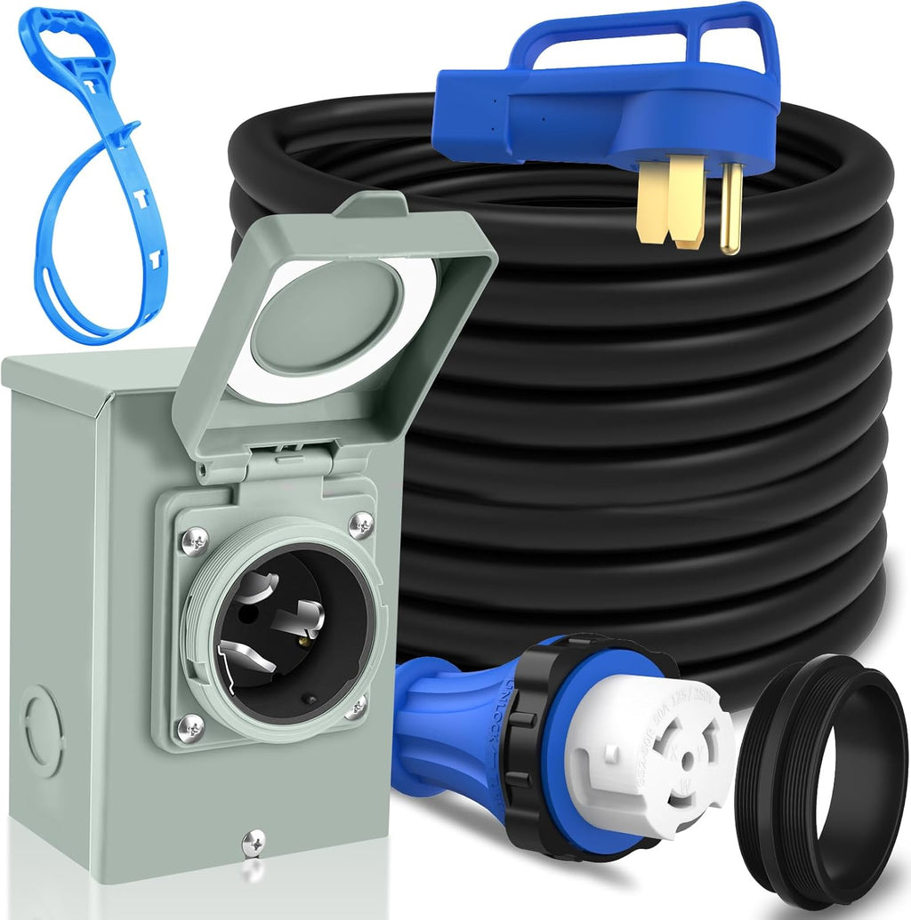 PAULINN Generator Cord 50 Amp 25FT & Power Inlet Box, NEMA 14-50P/SS2-50R Twist Lock Extension Cord with NEMA SS2-50P Generator Inlet, ETL Listed, Weatherproof, Emergency Power Combo Kit