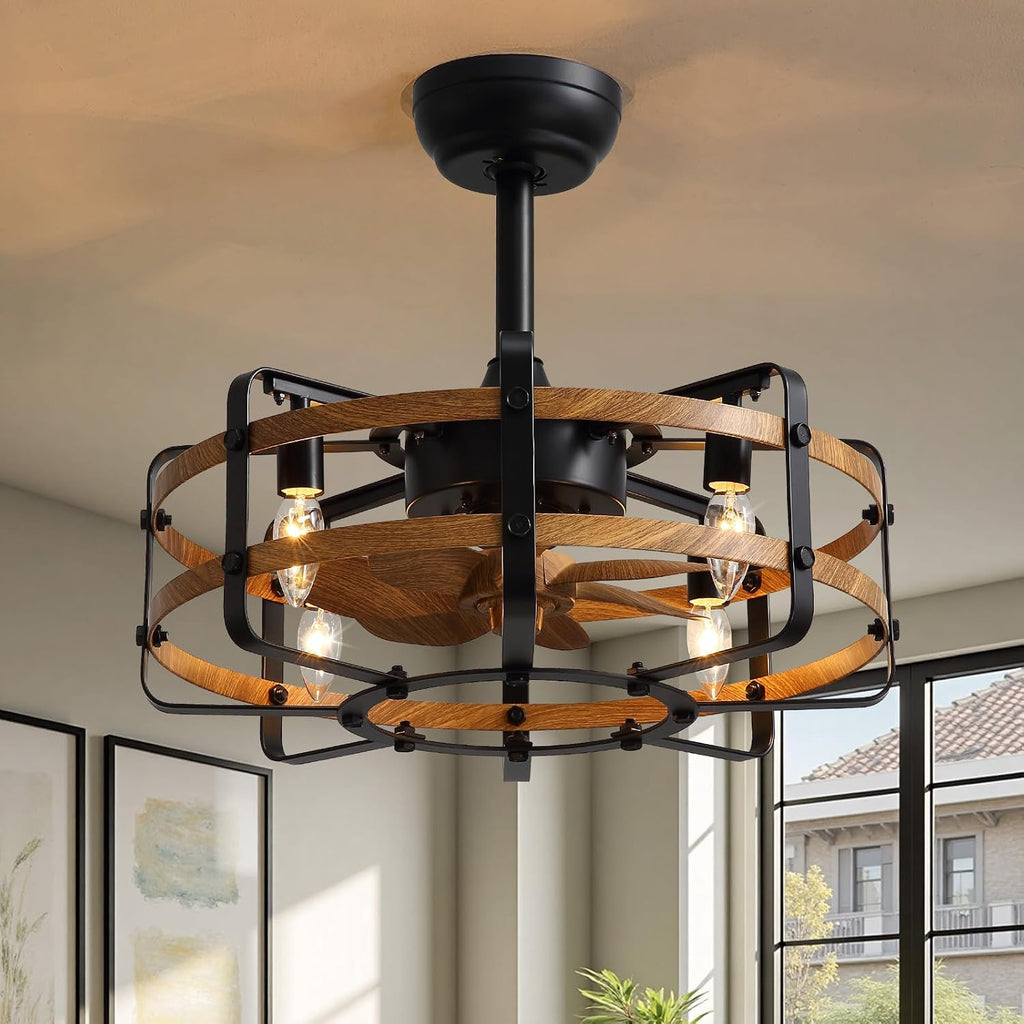 Caged Ceiling Fans with Light Farmhouse, 21 Inch Flush Mount Vintage Fandelier Rustic Chandeliers Ceiling Fan Remote for Bedroom, Kitchen, Living Room, Dining Room (Wood)