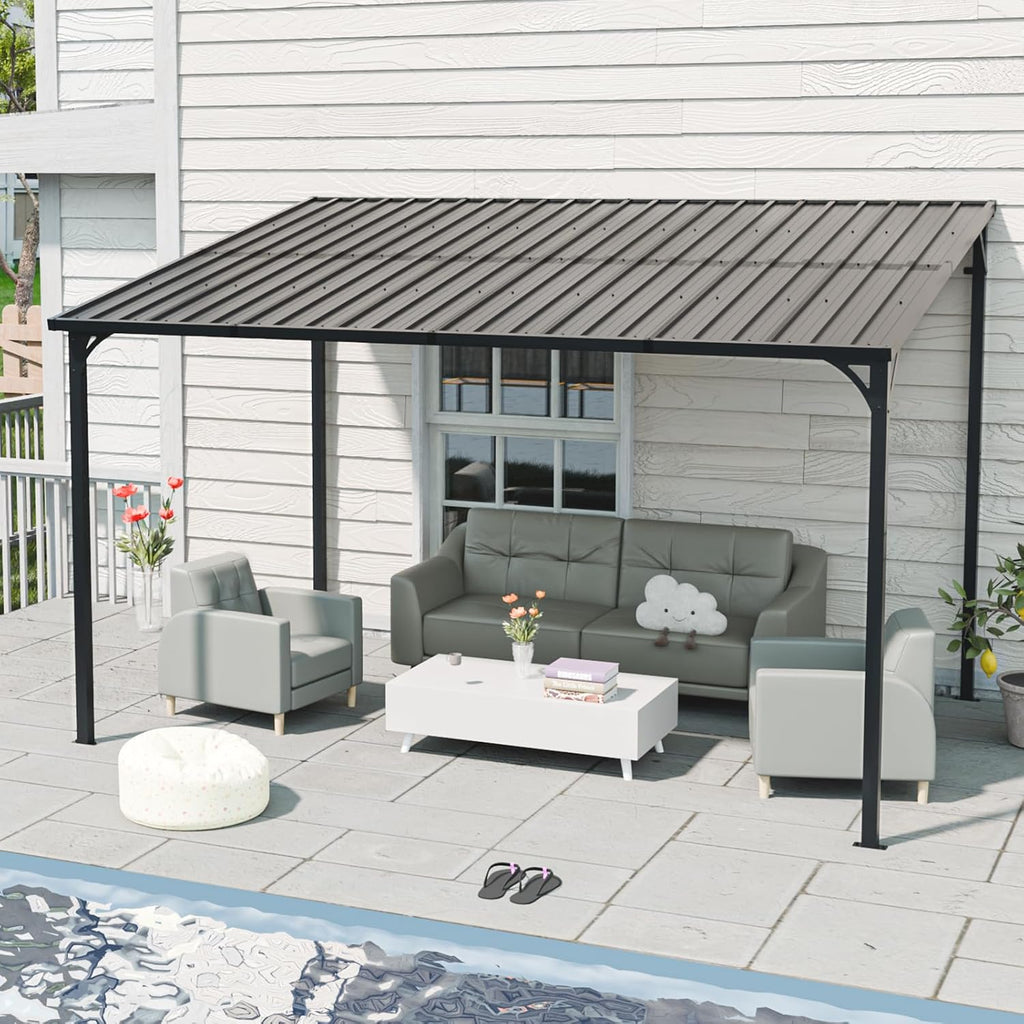 Patio Lean to Gazebo with Galvanized Steel Roof, 12x8 FT Outdoor Metal Wall-Mounted Pergola for Garden, Lawn, Poolside, Backyard Deck