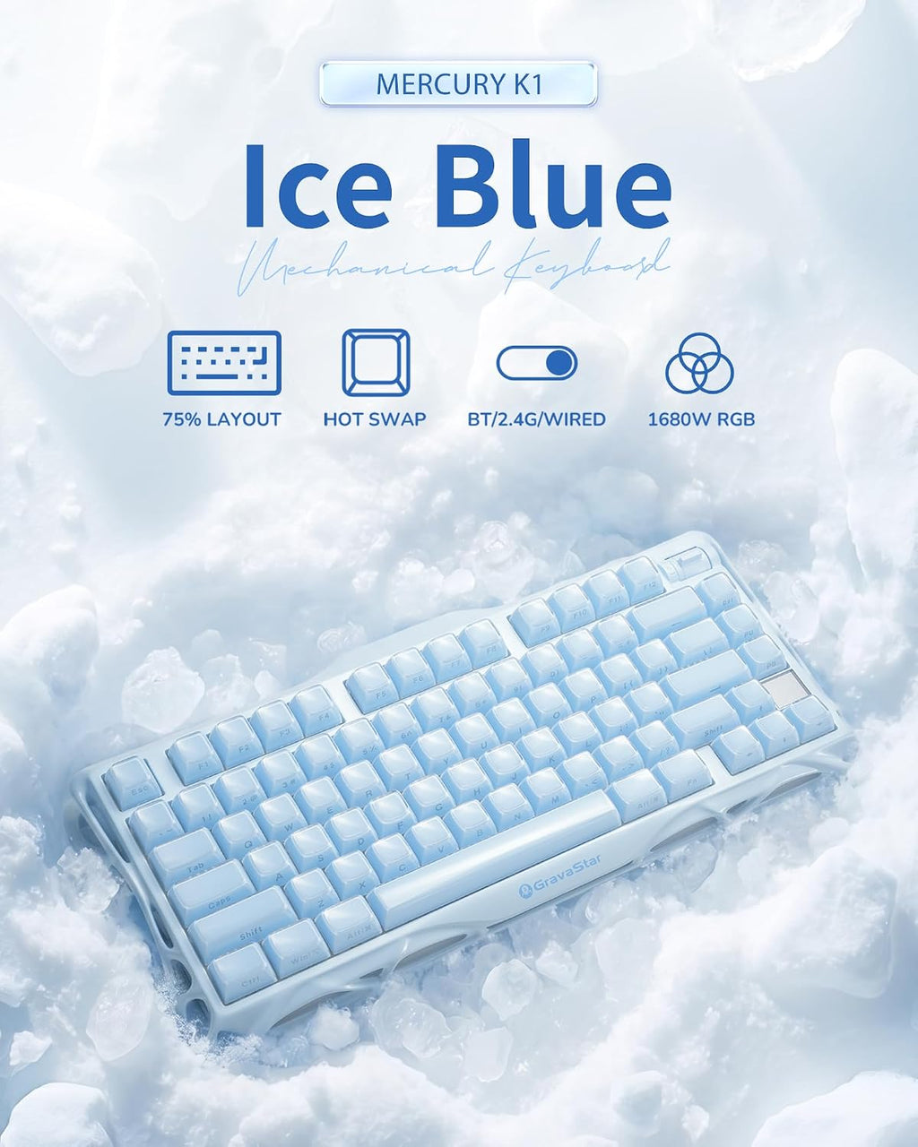 GravaStar Mercury K1 75% Blue Gaming Keyboard, Aluminum Alloy Mechanical Keyboard, Gasket Hot-Swap Socket, Linear Switches, RGB Backlit, Wireless Keyboard for Gaming, Office, and Gifts