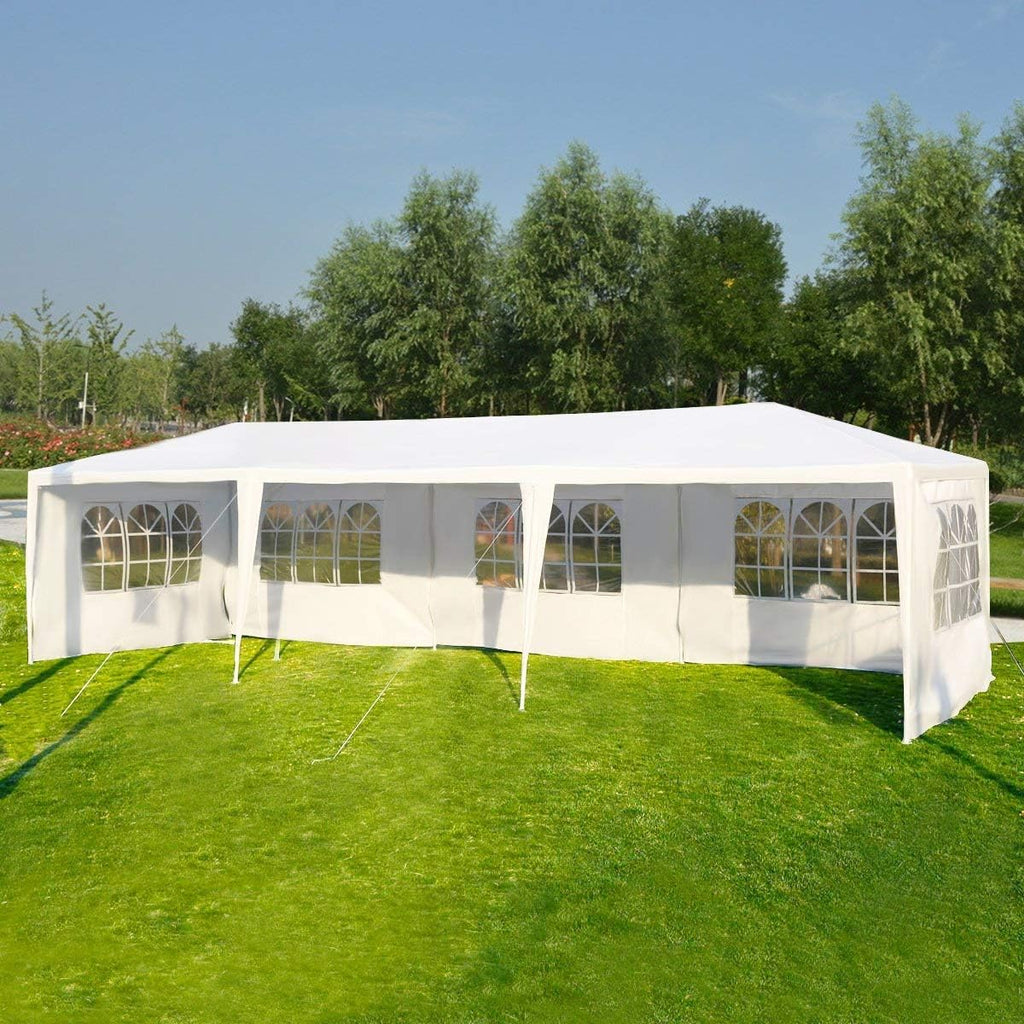 Tangkula 10'x30' Outdoor Canopy Tent Heavy Duty Party Wedding Event Tent Sturdy Steel Frame with 5 Removable Sidewalls Waterproof Sun Snow Rain Shelter Gazebo Canopy Tent, White