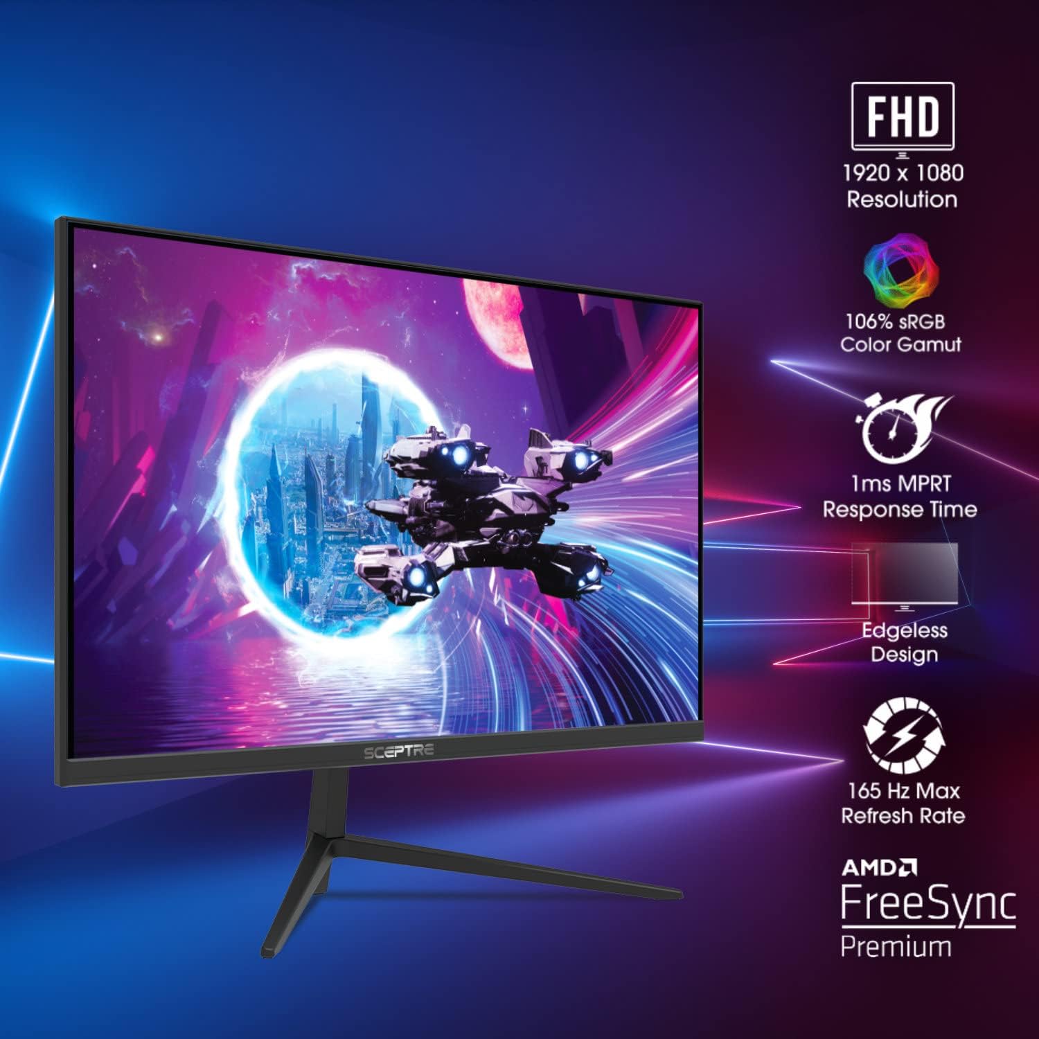 Sceptre 25' Gaming Monitor 1920 x 1080p up to 165Hz 1ms AMD FreeSync Premium HDMI x3 DisplayPort Build-in Speakers, 106% sRGB Machine Black (E255B-FWD168)