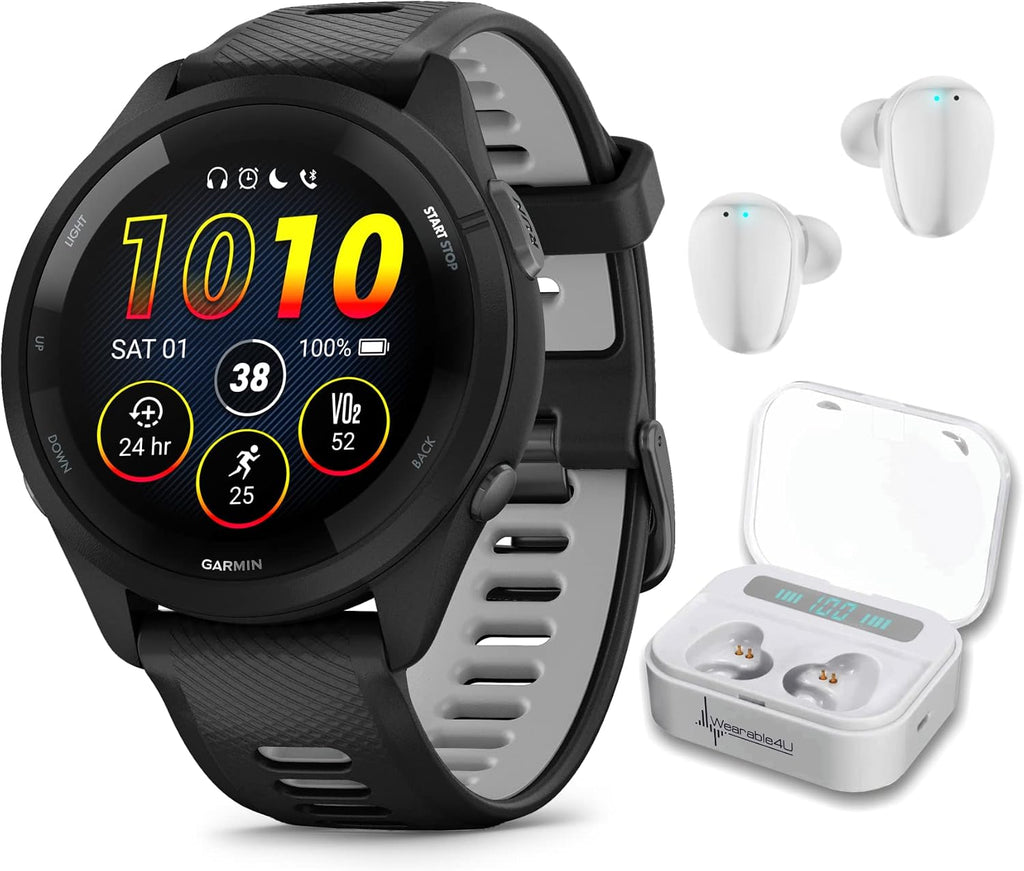 Garmin Forerunner 265 Music GPS Running 46 mm Smartwatch, Black with AMOLED 1.3 in Touchscreen Display White Earbuds Bundle, Black +Wht EarBuds