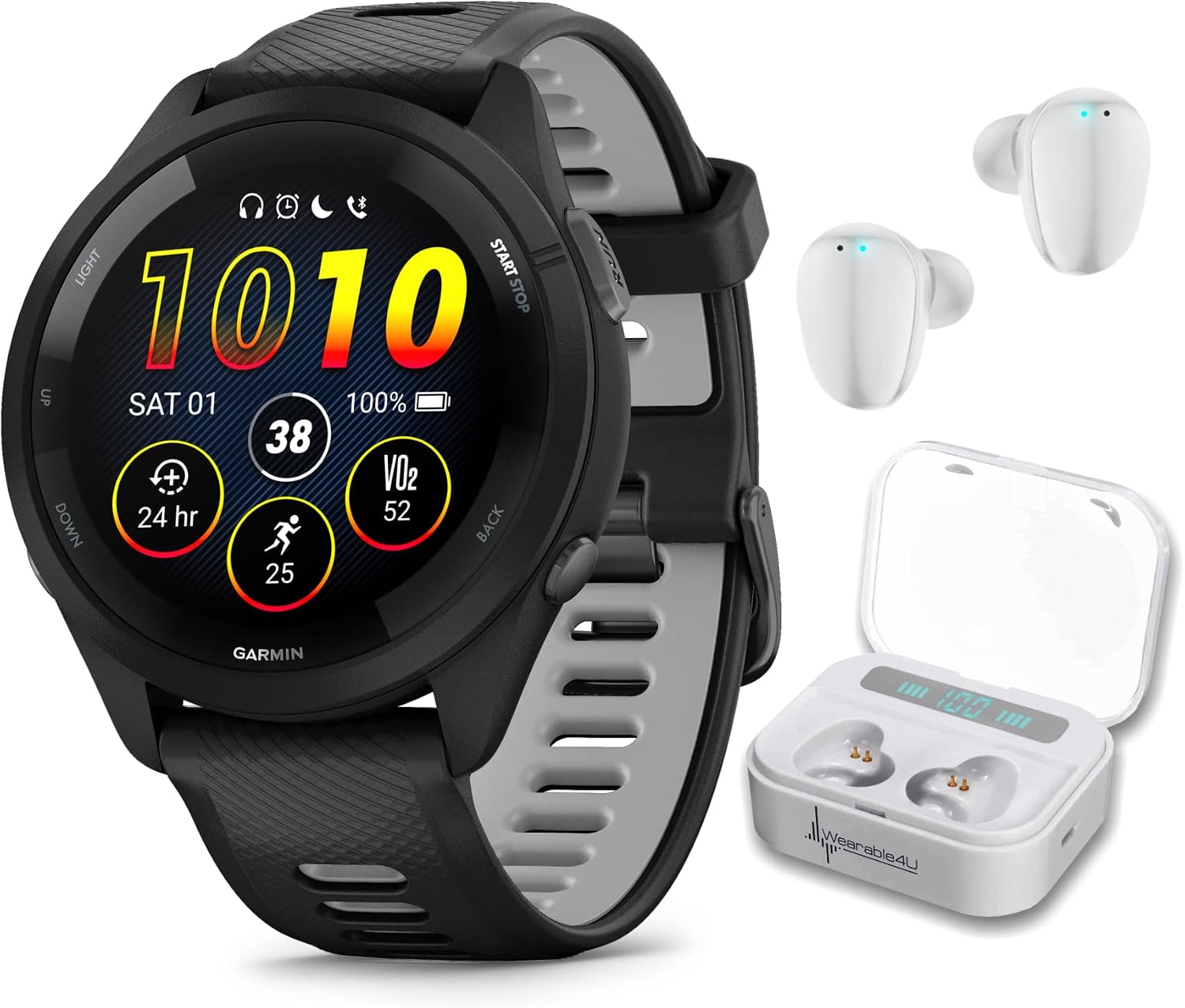 Garmin Forerunner 265 Music GPS Running 46 mm Smartwatch, Black with AMOLED 1.3 in Touchscreen Display White Earbuds Bundle, Black +Wht EarBuds