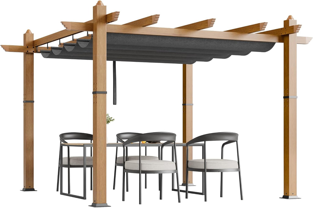 Garvee 10x10 ft Outdoor Pergola with Retractable Canopy – Upgraded Aluminum Faux Wood Grain Metal Patio Pergola for Modern Backyard Deck, Porch, Grape Trellis in Grey