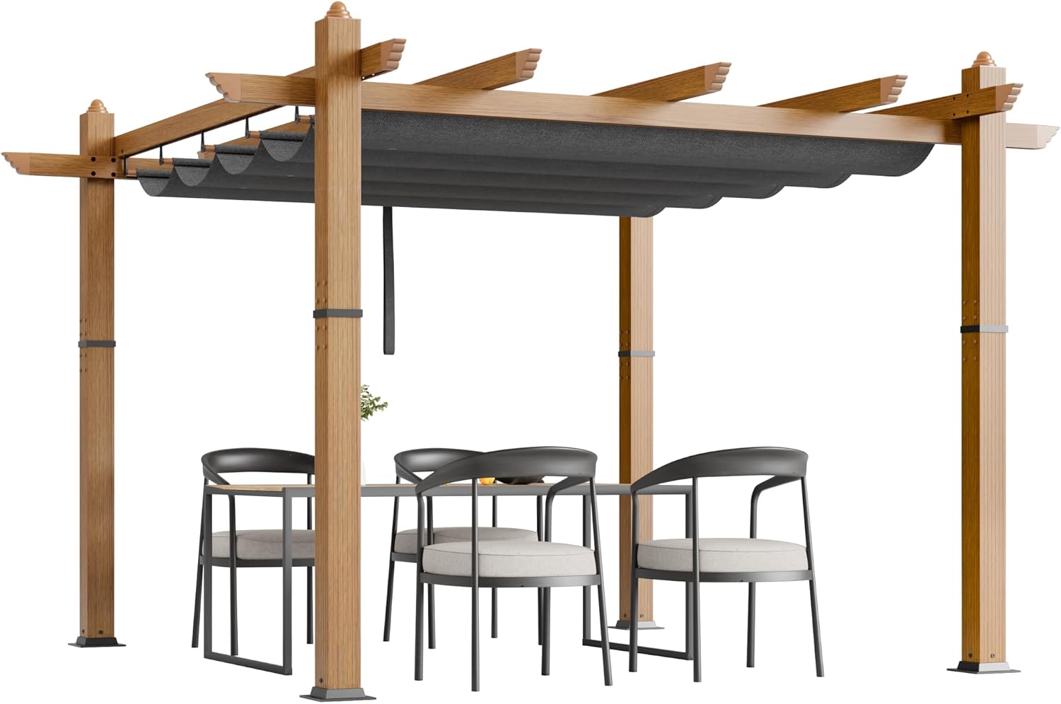 Garvee 10x10 ft Outdoor Pergola with Retractable Canopy – Upgraded Aluminum Faux Wood Grain Metal Patio Pergola for Modern Backyard Deck, Porch, Grape Trellis in Grey