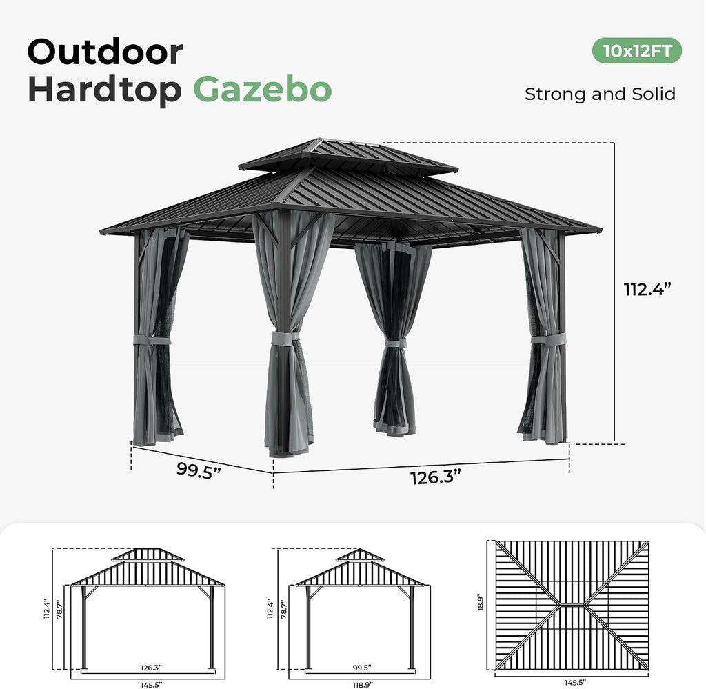 10' x 12' Hardtop Gazebo, Aluminum Frame with Double Galvanized Steel Roof,Permanent Outdoor Gazebo with Netting and Curtains for Backyard, Garden, or Deck, Gray