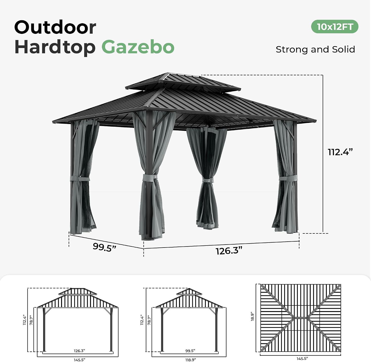 10' x 12' Hardtop Gazebo, Aluminum Frame with Double Galvanized Steel Roof,Permanent Outdoor Gazebo with Netting and Curtains for Backyard, Garden, or Deck, Gray