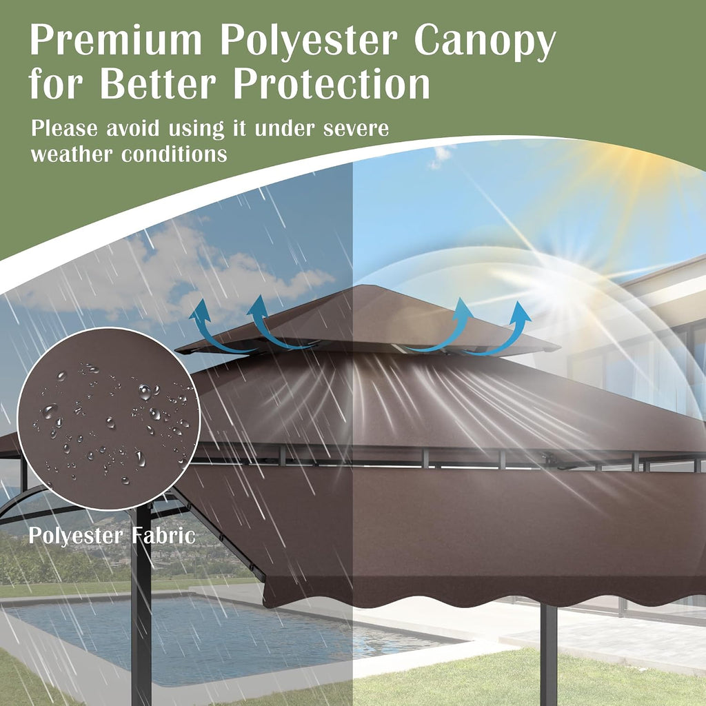 MAGIC UNION 8x8 FT Grill Gazebo with Side Awning, 2-Tier Barbecue Canopy Shelter with 2 Shelves, 7 Hanging Hooks, Bottle Opener, Outdoor Grilling Awnings Tent for Backyard Garden Poolside (Brown)