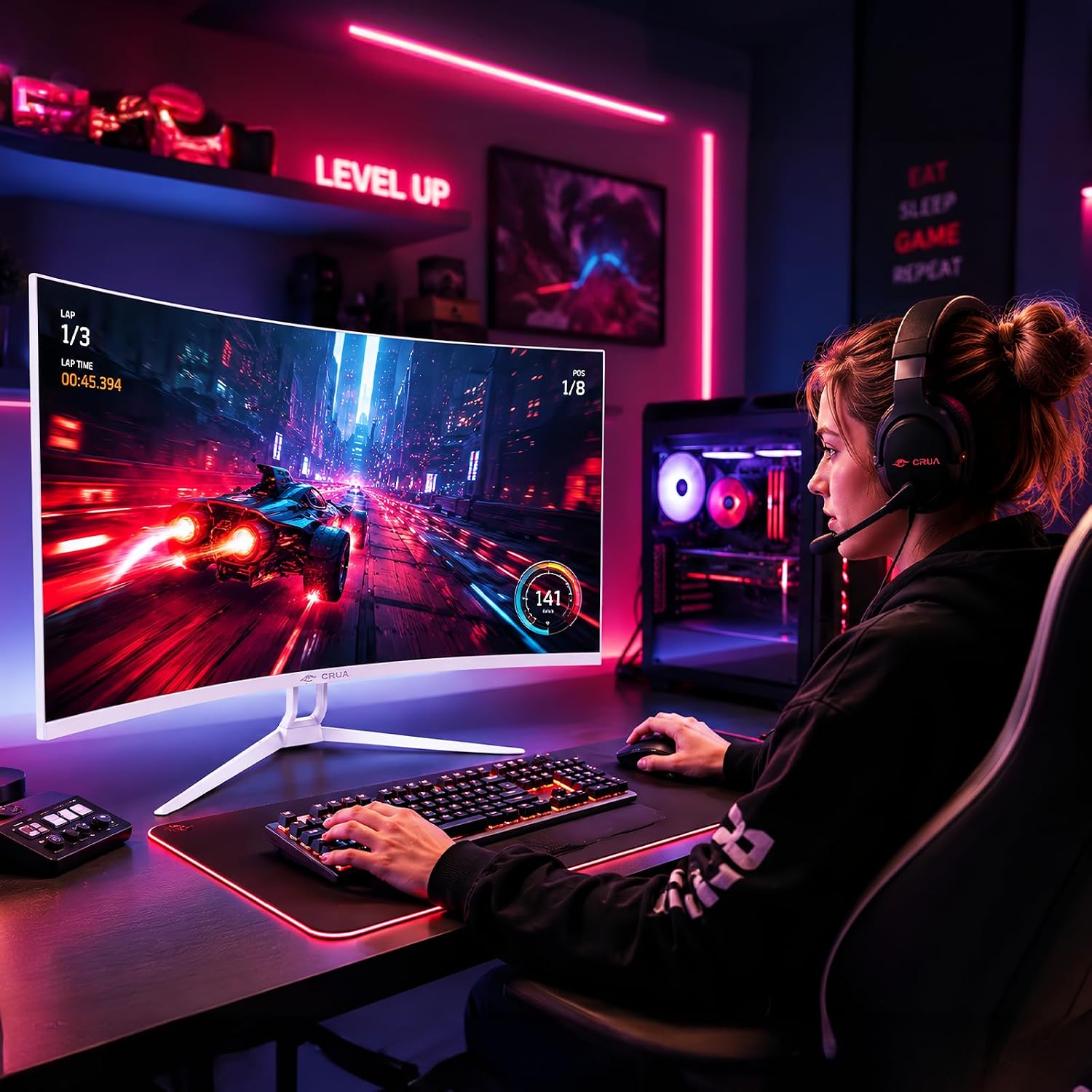 CRUA 32' Curved Gaming Monitor, 4K UHD 3840x2160, 240Hz VA Display, 1500R, AMD FreeSync, 120% sRGB, Built-in Speakers, HDMI 2.1 & DP 1.4, Wall Mountable White PC Monitor for Gaming, Streaming & Work