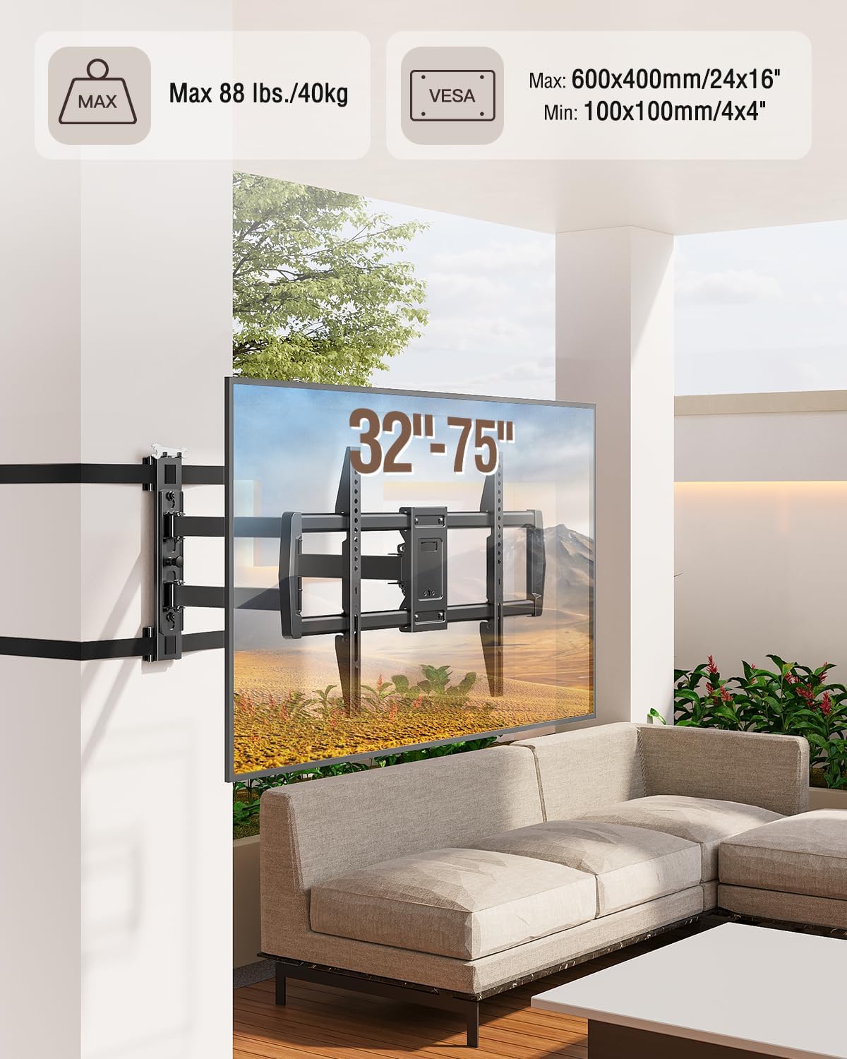 ELIVED Pillar TV Mount for Most 32'-75' TVs, Column TV Mount for Gazebo Patio Pergola, No Drill Full Motion tv Bracket Swivel and Tilt, Fits Multi-Shaped Poles, Max VESA 600x400mm, 88 Lbs.