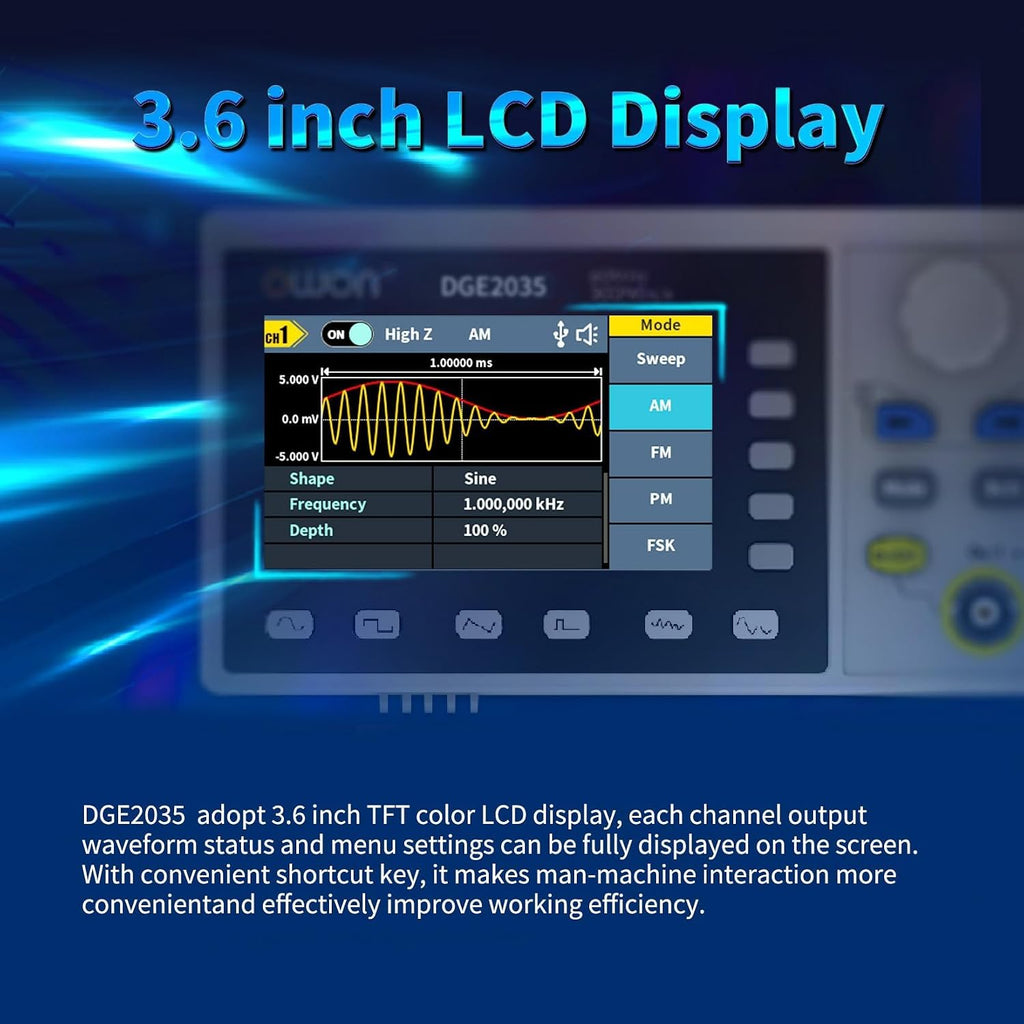 OWON DGE2035 Dual-Channel Arbitrary Waveform Generator, 35MHz Function Generator, 125MSa/s Sampling Rate, 14-bit Resolution, 3.6' TFT LCD, Signal Generator with AM/FM/FSK Modulation, PC Control