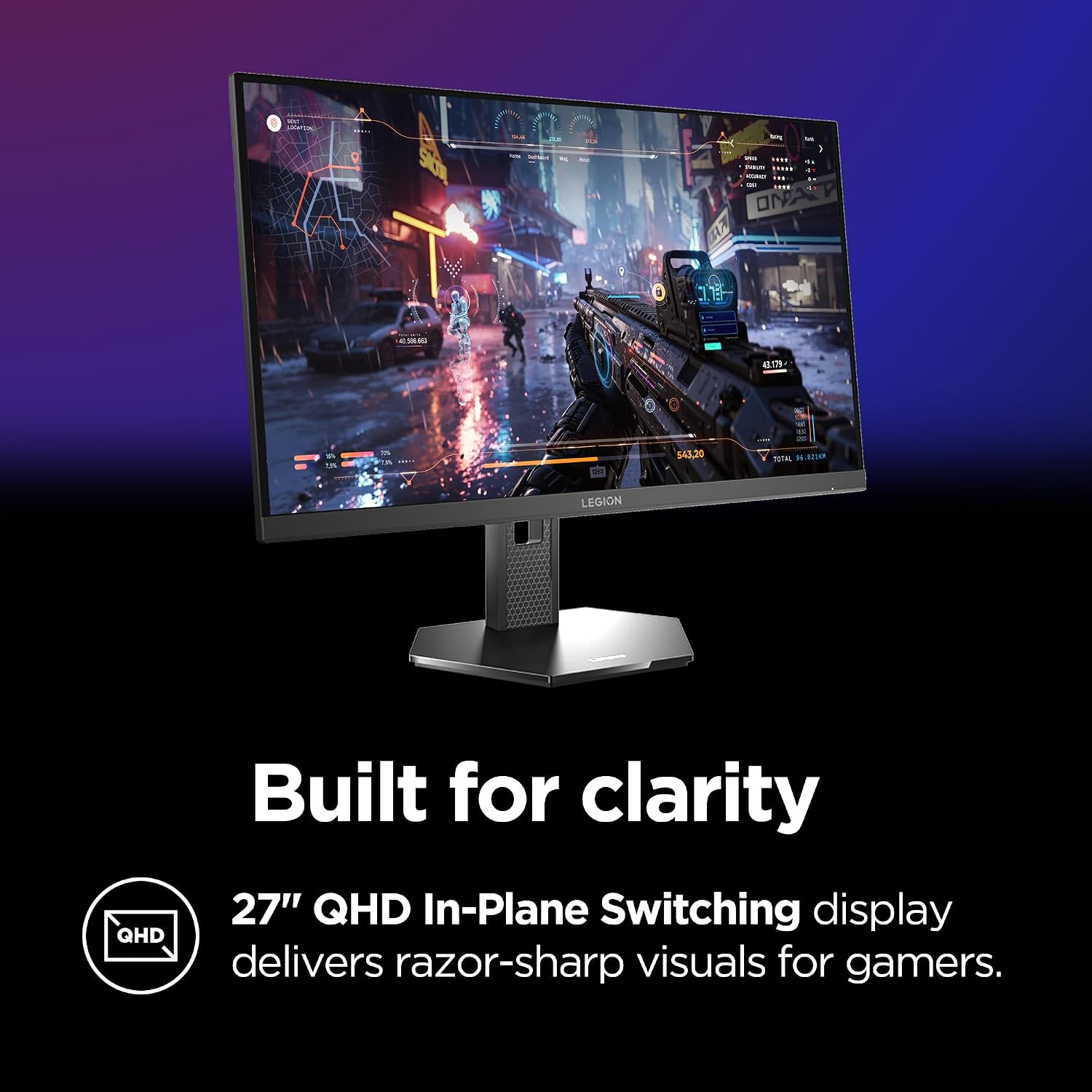 Lenovo Legion 27QD-10 Gaming Monitor - 27' QHD IPS Display - 240Hz Refresh Rate - 0.5 ms MPRT - 99% sRGB - AMD FreeSync™ Premium - Ergonomic Stand