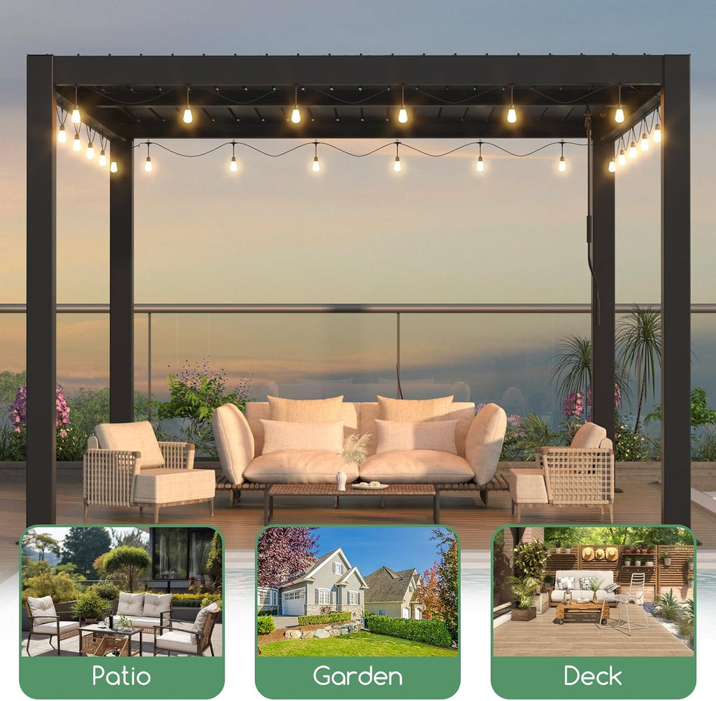 LVUYOYO Outdoor Louvered Pergola 10' x 10' with LED String Lights, Aluminum Pergola with Adjustable Roof, Waterproof Metal Gazebo for Patio, Backyard, Garden, Deck (10x10FT with Lights)