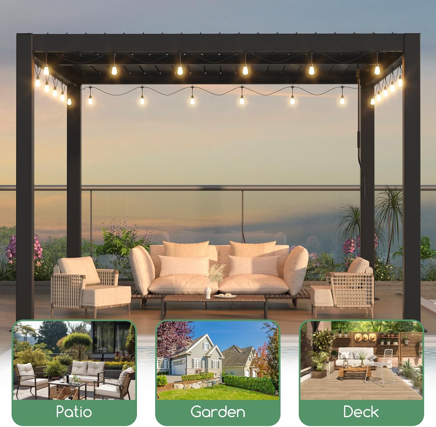 LVUYOYO Outdoor Louvered Pergola 10' x 10' with LED String Lights, Aluminum Pergola with Adjustable Roof, Waterproof Metal Gazebo for Patio, Backyard, Garden, Deck (10x10FT with Lights)