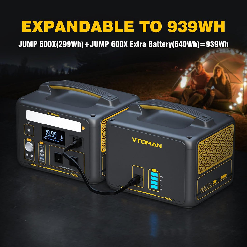 VTOMAN Jump600X 600W Portable Power Station with 640Wh Extra Battery, 939Wh Solar Generator LiFePO4 Battery, Peak 1200W AC Outlet, PD 60W USB-C, 3x12V/10A DC for Outdoor Camping, Off-grid, Home Backup