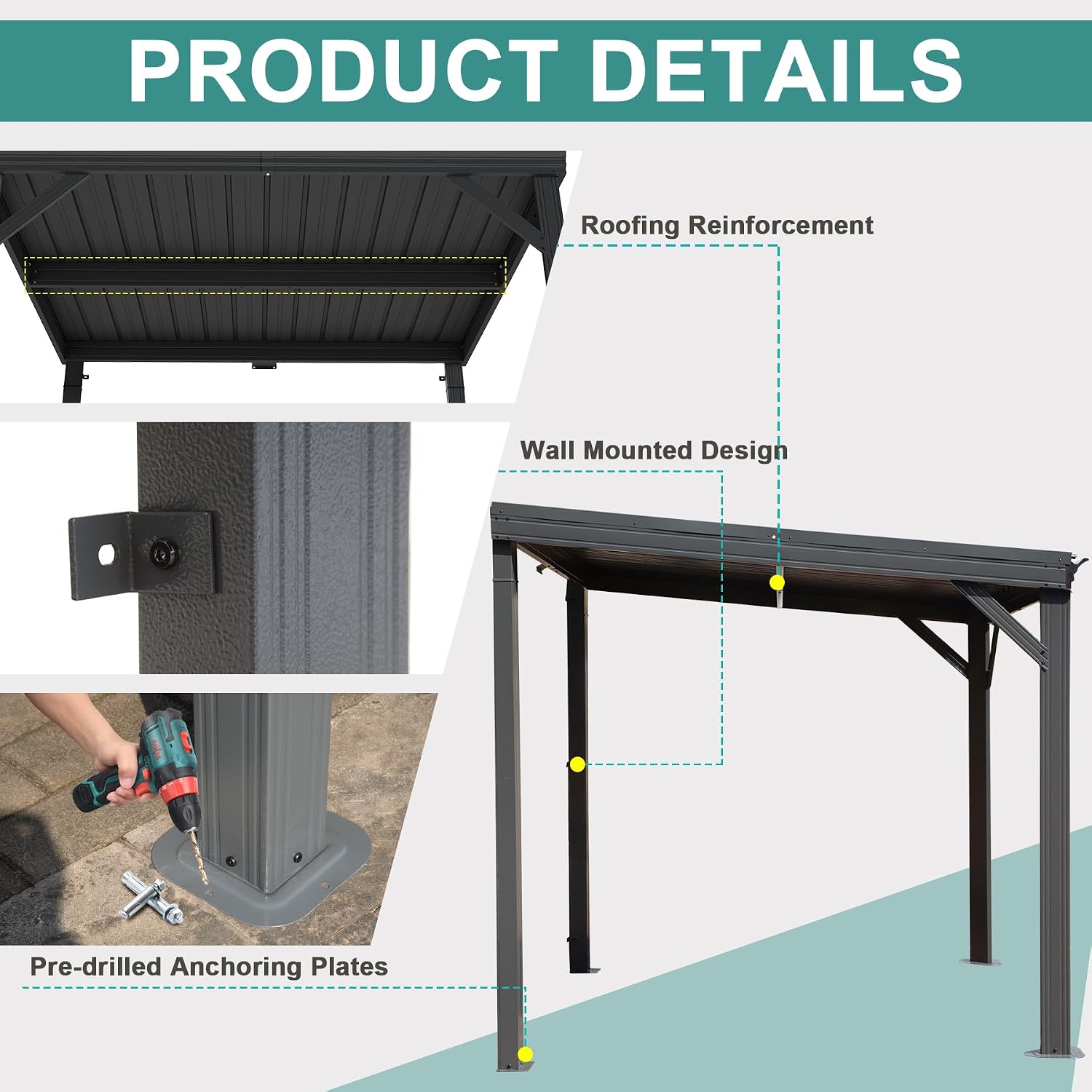 Domi 8'x8' Lean-to Gazebo, Hardtop Wall-Mounted Gazebo Pergola with Sloping Galvanized Steel Roof and Upgraded Drainage System, Outdoor Permanent Metal Shelters for Patio Backyard Deck, Grey