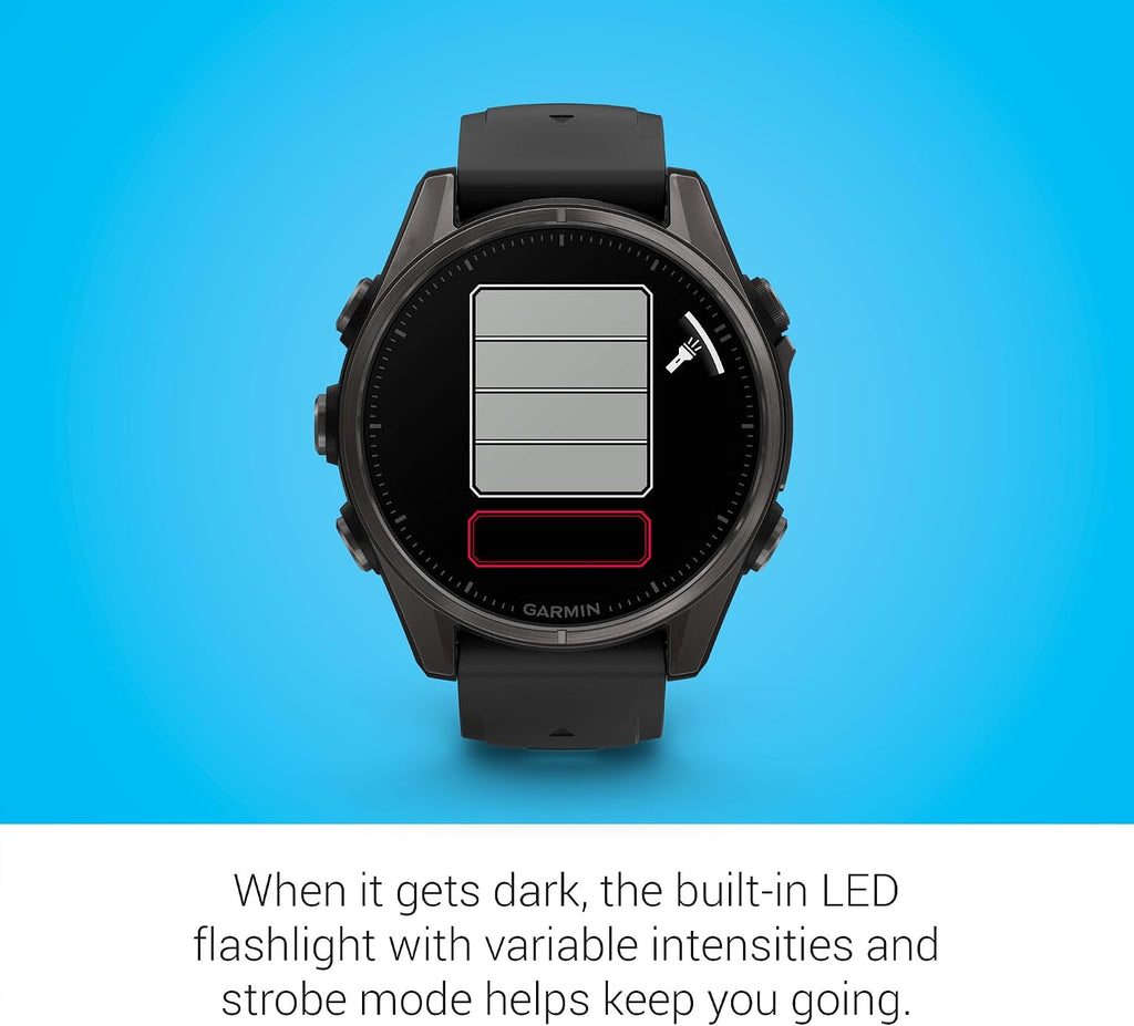 Garmin Fenix 8 Premium Multisport GPS Running Smartwatch, 43 mm | AMOLED, Dive-Rated, Built-in Flashlight | Carbon Gray DLC Titanium with Pebble Gray Band with Signature Series Charging Stand