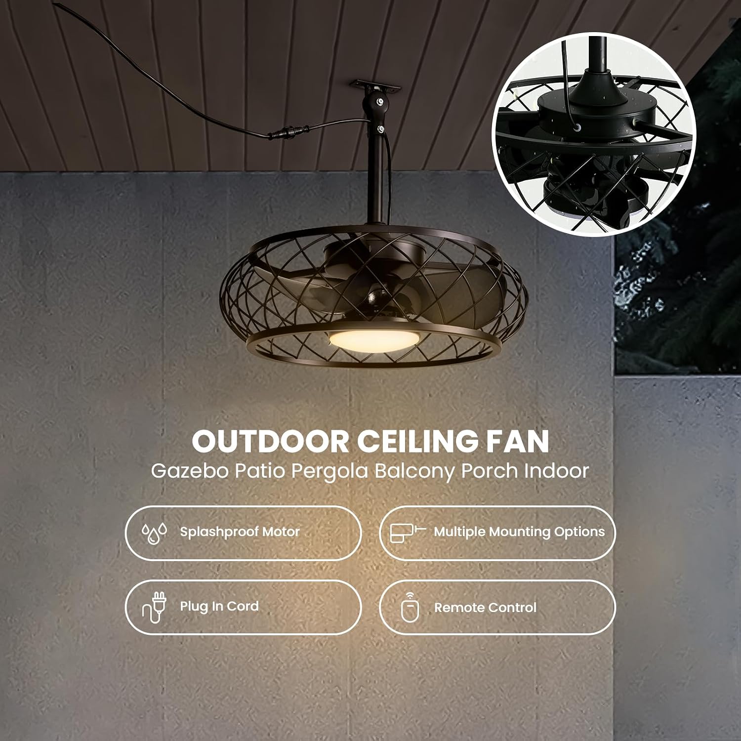 20'' Outdoor Ceiling Fan with Lights Remote Control, Outdoor Ceiling Fans with Hanging Hook, Dimmable Caged Industrial Chandelier with Fan, Fandelier for Gazebo Patio Pergola, Black
