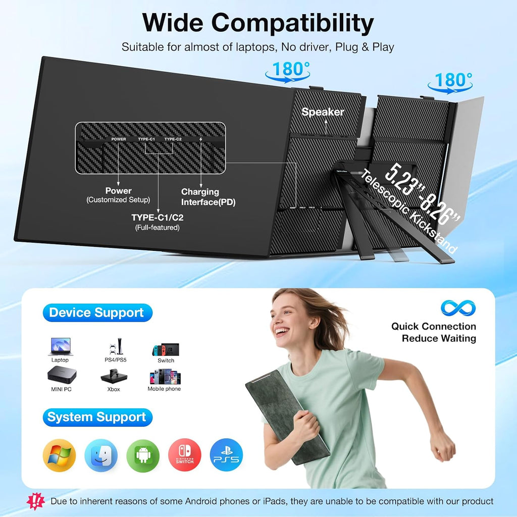 Laptop Screen Extender, Ultra-Thin 15.6' FHD 1200P 16:10 Portable Monitor for Laptop, Lightweight Travel Monitor Extender Plug & Play for 14.2'-17.3' Laptops, Compatible with Wins/Mac/Android/Chrome