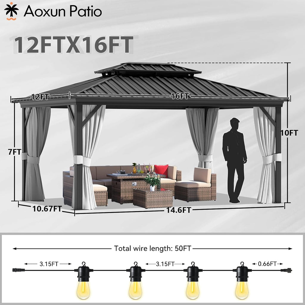 Aoxun 12' X 16' Hardtop Gazebo, Outdoor Pergolas with Mosquito Netting and Curtains, Galvanized Steel Double Roof Permanent Aluminum Gazebo, and LED Outdoor Waterproof Hanging Lights