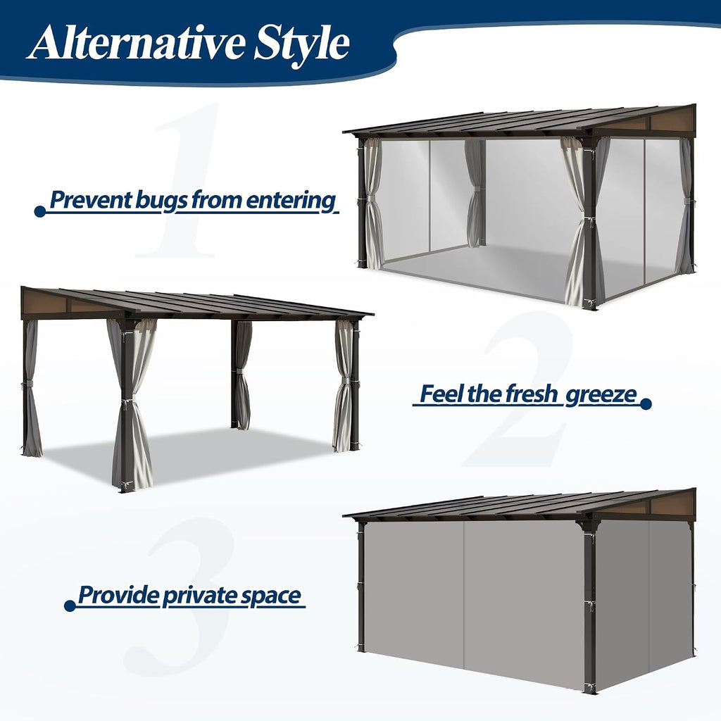 COVERONICS 10' X 13' Outdoor Polycarbonate Lean to Gazebo - Wall-Mounted Aluminum Frame Gazebo with Slope Hardtop, Patio Heavy-Duty Lean to Pergola with Netting & Curtains for Garden, Backyard, Deck