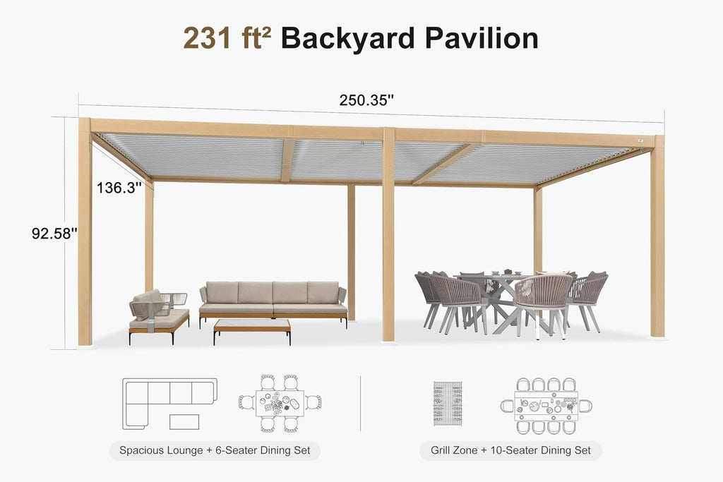 PURPLE LEAF 11' x 21' Louvered Pergola Outdoor Wood Grain Aluminum Pergola with Adjustable Roof Retractable Patio Rainproof Hardtop Gazebo for Deck Backyard Garden