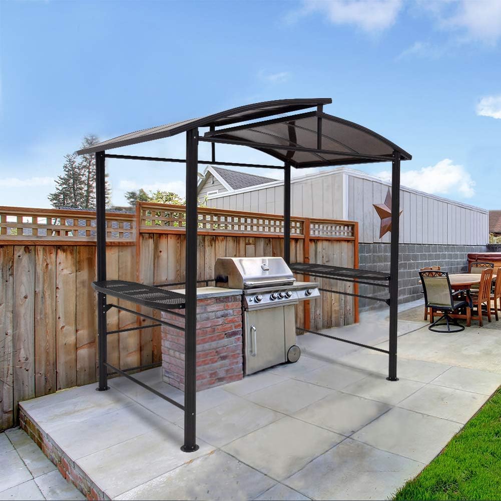 COOS BAY 8x5 Hardtop Grill Gazebo, Outdoor BBQ Canopy, Steel Frame Double-Tier Polycarbonate Roof with Side Shelves, Weather Resistant