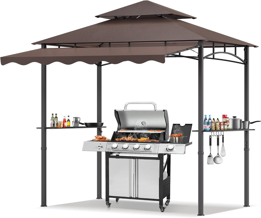 TITIMO 8'x 8' x 7.8' Double Tiered Grill Gazebo with Side Awning,Outdoor Patio BBQ Pergola, Heavy-Duty Metal Frame Canopy Tent with Side Shelves,Hooks,Bottle Opener for Lawn Deck and Garden (Brown)