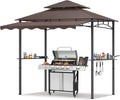 TITIMO 8'x 8' x 7.8' Double Tiered Grill Gazebo with Side Awning,Outdoor Patio BBQ Pergola, Heavy-Duty Metal Frame Canopy Tent with Side Shelves,Hooks,Bottle Opener for Lawn Deck and Garden (Brown)