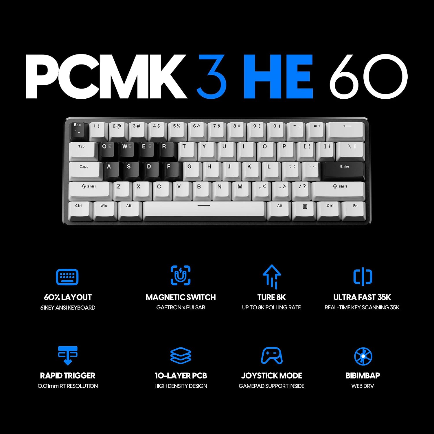 Pulsar PCMK 3 HE 60 Hall Effect Magnetic Gaming Keyboard, Rapid Trigger, Adjustable Actuation Magnetic Switch, 8k Polling, Ultra-Low Latency, RGB Lighting, Hot-Swap, Double Shot PBT Keycaps (White)