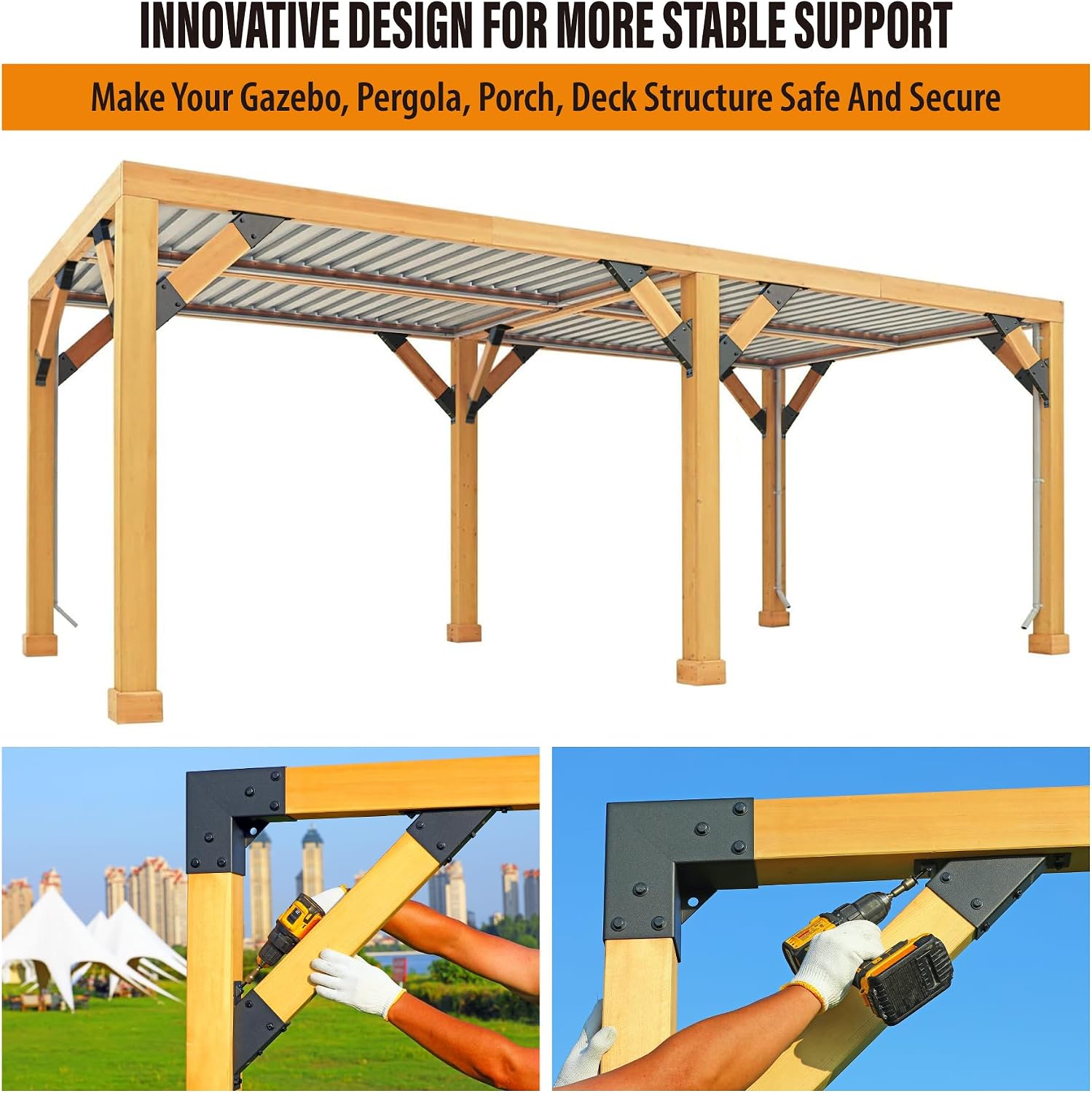 8pack 2x4 (Actual 1.5''x3.5'') Degree Angle Support Brackets, For Pergola, Gazebo, Deck Wood Frame Structures Provide Support 45° Degree Angle Bracket