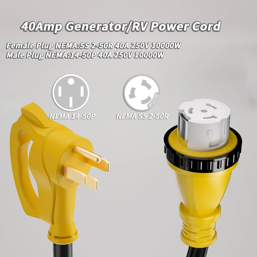 PlugSaf 40 Amp Generator Cord, 100FT 40 Amp RV Extension Cord with Twist Lock, Generator Cable 40A 4 Prong Yellow, NEMA 14-50P/SS2-50R Heavy Duty STW Wire for RV Camper & House