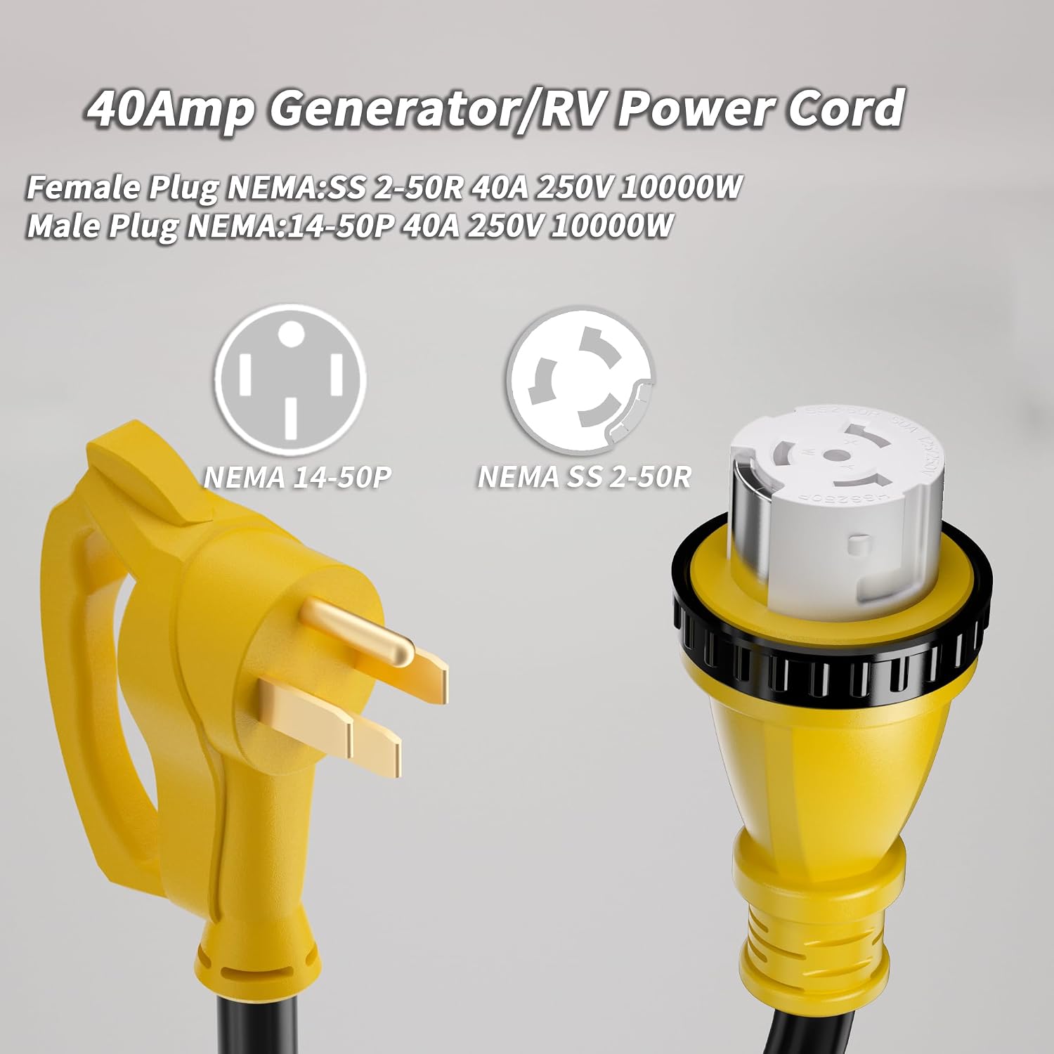 PlugSaf 40 Amp Generator Cord, 75FT 40 Amp RV Extension Cord with Twist Lock, Generator Cable 40A 4 Prong Yellow, 14-50P to SS2-50R Heavy Duty STW Wire for RV Camper & House