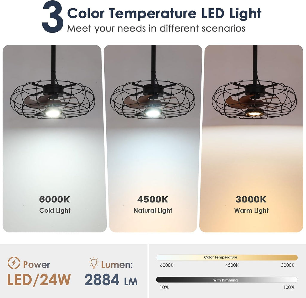 Miuyhji Black Outdoor Ceiling Fans with LED Light, 20' Waterproof Gazebo Fan Plug in Caged Industrial Fandelier Ceiling Fan with Remote, 6 Speeds Adjustable Height Fan for Bedroom Living Room Pergola