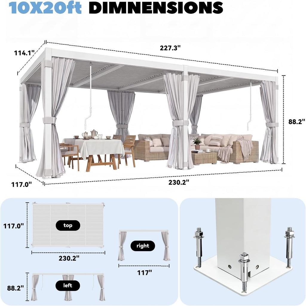 MELLCOM Louvered Pergola 10x20, Steel Aluminum Pergola with Adjustable Louvered Roofs, Outdoor Gazebo with Waterproof Curtains and Nets, White
