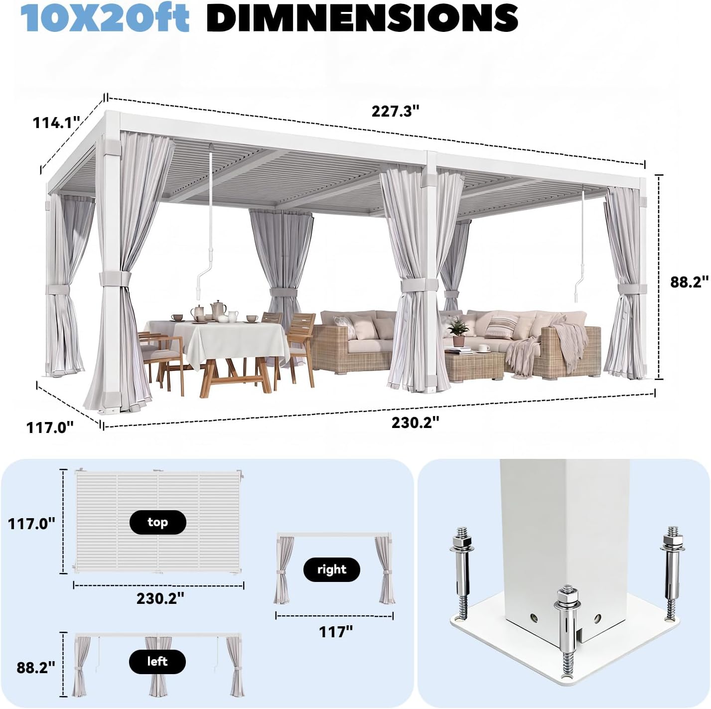 MELLCOM Louvered Pergola 10x20, Steel Aluminum Pergola with Adjustable Louvered Roofs, Outdoor Gazebo with Waterproof Curtains and Nets, White