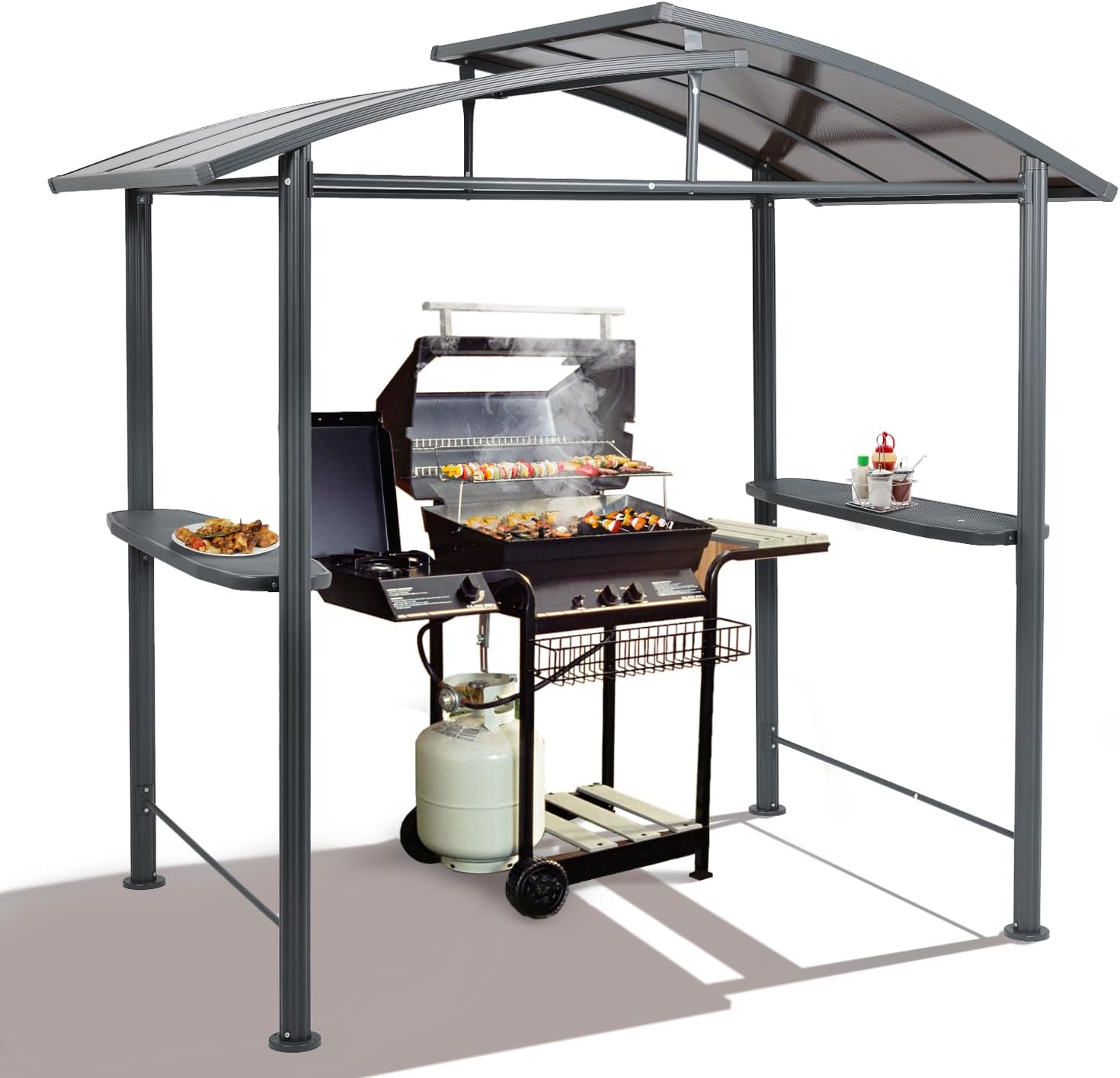 Aoodor 8 x 5 ft. BBQ Grill Gazebo Shelter, Dark Gray Steel Frame and Brown Double-Tier Polycarbonate Top Canopy, with Side Shelves, for Outdoor, Patio, Backyard