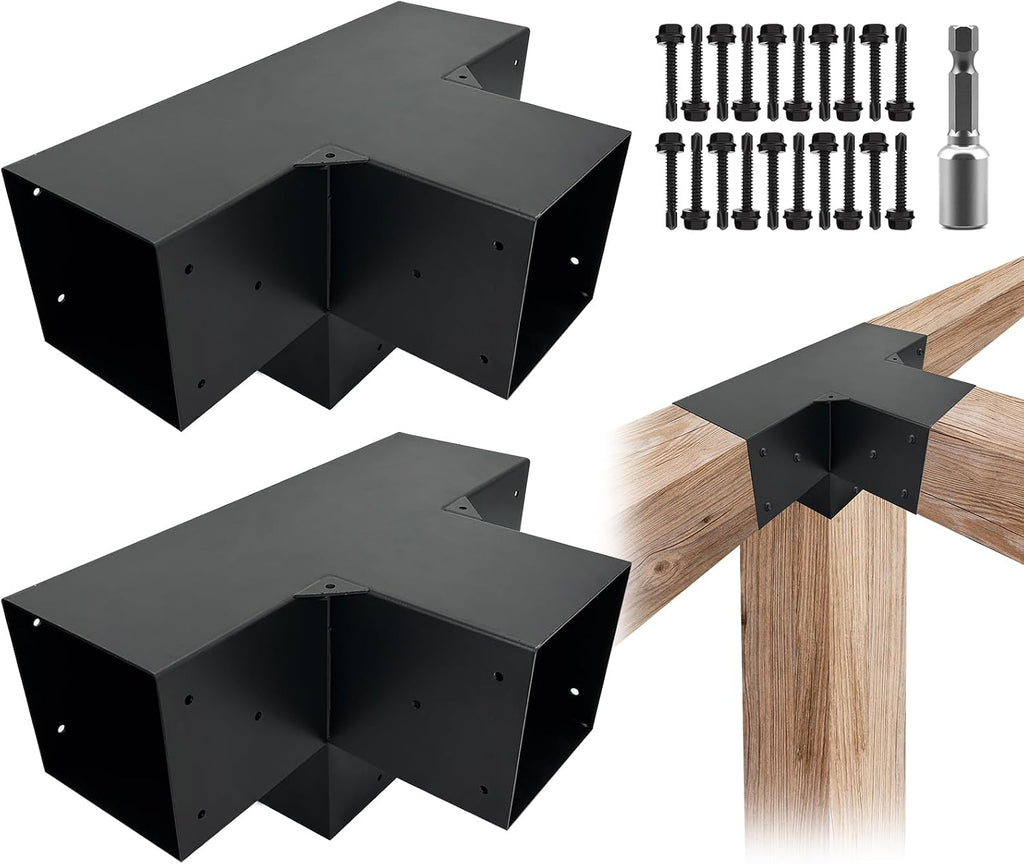 2Pack Pergola DIY Bracket Kits 6x6,4-Way Right Angle Corner Post Brackets for 6'x6'(Actual:5.5'x5.5') Wood Beams,Heavy Duty Metal Brackets for Outdoor Pavilion,Proch,Log Cabin