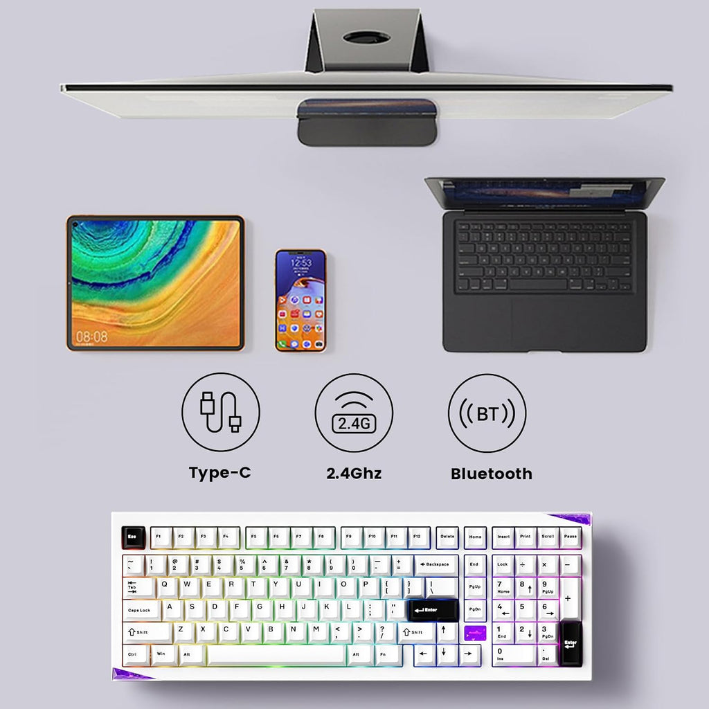 Akko Gem 02 QMK/VIA Aluminum Mechanical Keyboard Tri-Mode RGB Hot-swappable Wireless Gaming Keyboard Black on White, Pre-lubed Stellar Rose Switch