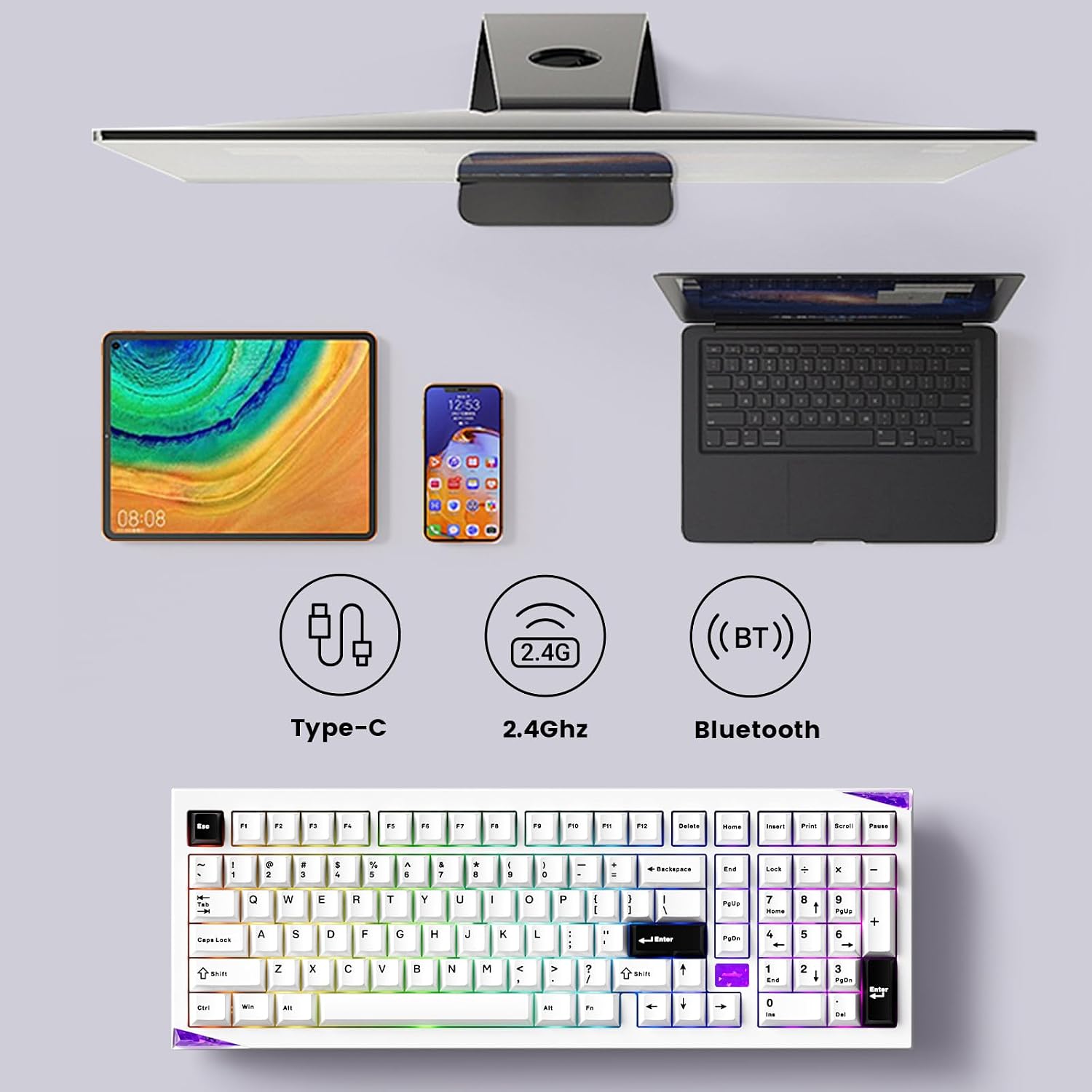Akko Gem 02 QMK/VIA Aluminum Mechanical Keyboard Tri-Mode RGB Hot-swappable Wireless Gaming Keyboard Black on White, Pre-lubed Stellar Rose Switch